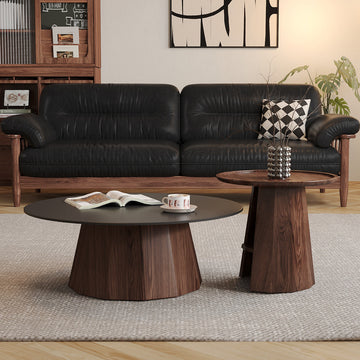 Round High-Low Combo Coffee Table Solid Wood Slate with Storage